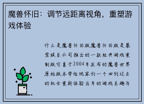 魔兽怀旧：调节远距离视角，重塑游戏体验